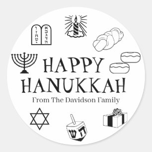 Happy Hanukkah black white custom name gift favour Classic Round Sticker