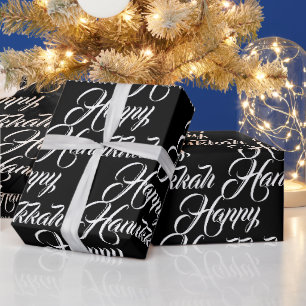 Happy Hanukkah black white modern elegant script Wrapping Paper