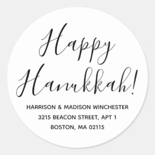Happy Hanukkah black white script return address Classic Round Sticker
