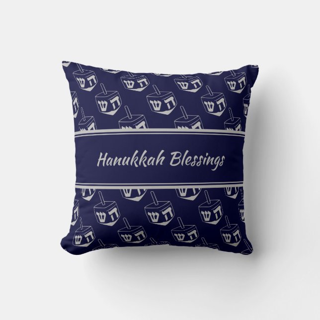 HAPPY HANUKKAH | BLESSINGS | Dreidel Pattern| NAVY Cushion (Front)