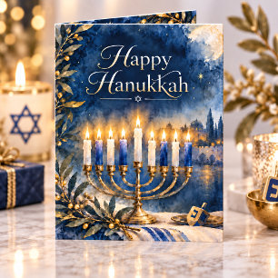 Happy Hanukkah Blue and Gold Menorah Family Photo Holiday Card