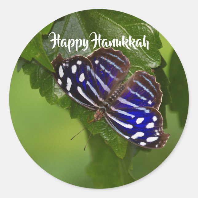 Happy Hanukkah blue and white butterfly Classic Round Sticker (Front)