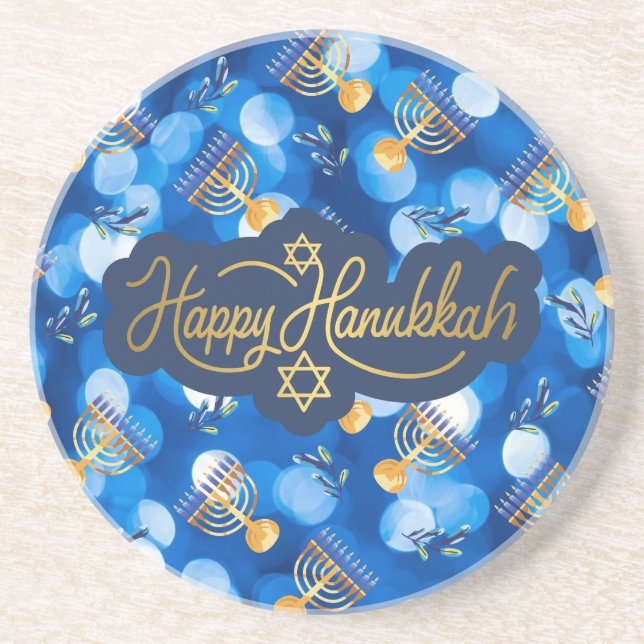 Happy Hanukkah Blue And White Coaster (Front)