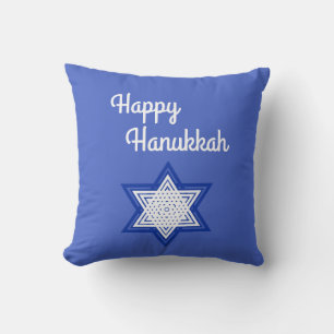 Happy Hanukkah Blue and White Star of David Cushion
