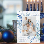 Happy Hanukkah Blue Botanical Family Photo Magnet<br><div class="desc">Beautiful blue watercolor botanical leaves spring out of your vertical Jewish family photograph for a Happy Hanukkah. Personalise this elegant Chanukah photo magnet card.</div>