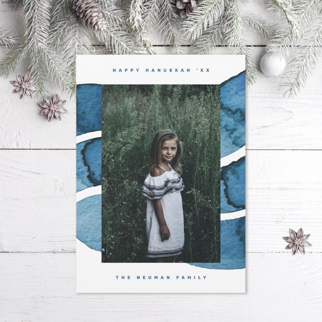Happy Hanukkah Blue Brushed Jewish Holiday Photo Card (Creator Uploaded)