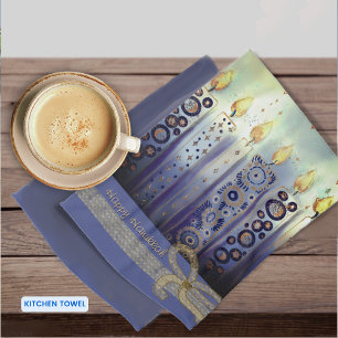 Happy Hanukkah Blue Candles Tea Towel