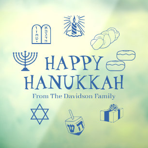 Happy Hanukkah blue custom family name decor  Window Cling