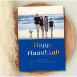 Happy Hanukkah Blue Gold Foil Photo Holiday Card<br><div class="desc">Blue and Gold foil Happy Hanukkah Holiday card. Add your family photo to personalise it.</div>