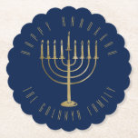 Happy Hanukkah Blue Gold Menorah Holiday Paper Coaster<br><div class="desc">This button features a gold coloured menorah on a navy blue background. The message above it reads "Happy Hanukkah". Below the menorah is a place for your family name which you may personalise or remove if you'd like. Designed by artist © Tim Coffey.</div>