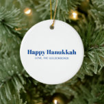 Happy Hanukkah blue gold modern stripes custom Ceramic Tree Decoration<br><div class="desc">Happy Hanukkah blue and white modern typography personalised Hanukkah ornament.
Fully customisable blue text,  on white background on front side,  diagonal blue gold yellow and cream stripes pattern on back.</div>