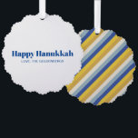 Happy Hanukkah blue gold modern stripes custom Tree Decoration Card<br><div class="desc">Happy Hanukkah blue and white modern typography personalised Hanukkah ornament card.
Fully customisable blue text,  on white background on front side,  diagonal blue gold yellow and cream stripes pattern on back.</div>