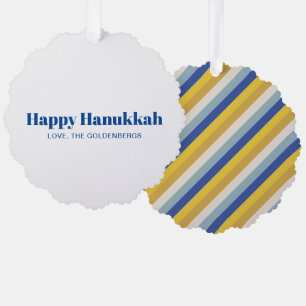 Happy Hanukkah blue gold modern stripes custom Tree Decoration Card
