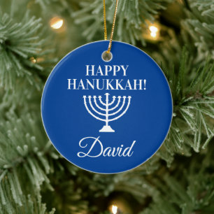 Happy Hanukkah blue menorah custom Jewish Holiday Ceramic Tree Decoration