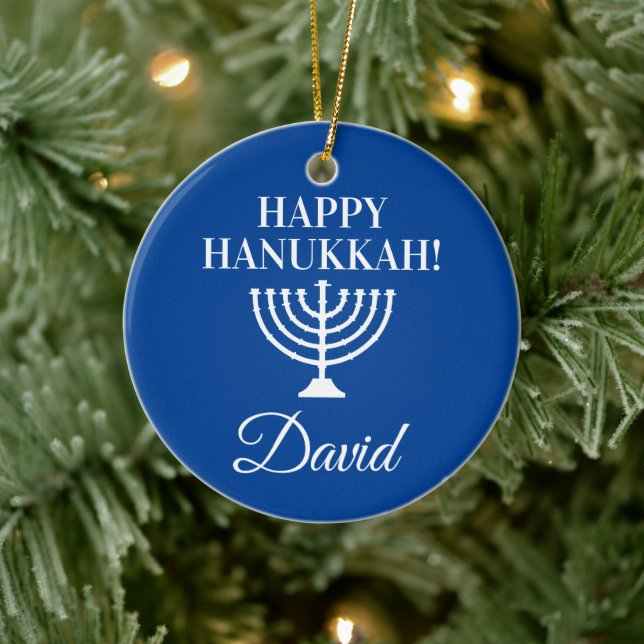 Happy Hanukkah blue menorah custom Jewish Holiday Ceramic Tree Decoration (Tree)