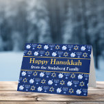 Happy Hanukkah Blue Menorah Star of David Pattern Card<br><div class="desc">Beautiful personalised Happy Hanukkah card in pretty blue with a cool pattern of Judaism star,  dreidel for fun Chanukah games,  and the Jewish menorah for the holiday.</div>