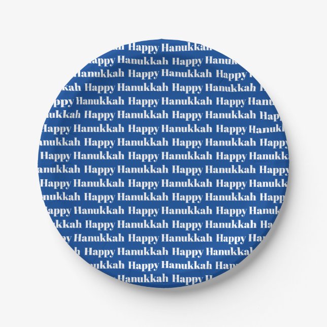 Happy Hanukkah blue modern typography pattern Paper Plate (Front)