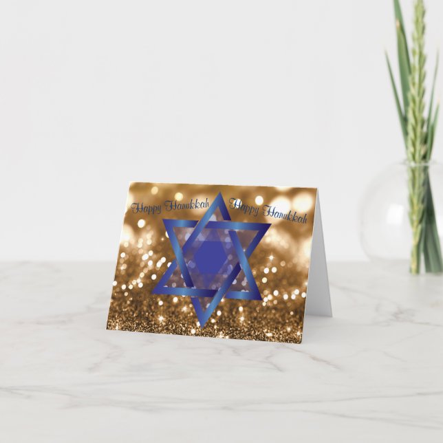 Happy Hanukkah Blue Star of David Golden Bokeh Holiday Card (Front)