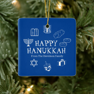 Happy Hanukkah blue & white custom family name Ceramic Ornament