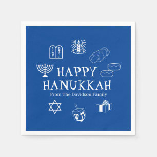 Happy Hanukkah blue & white custom family name Napkin
