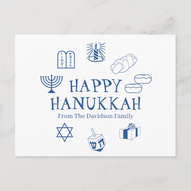 Happy Hanukkah blue white custom family name Postcard (Front)