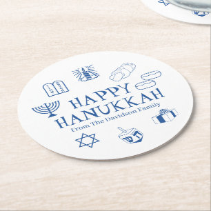 Happy Hanukkah blue white custom family name Round Paper Coaster