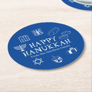 Happy Hanukkah blue & white custom family name Round Paper Coaster