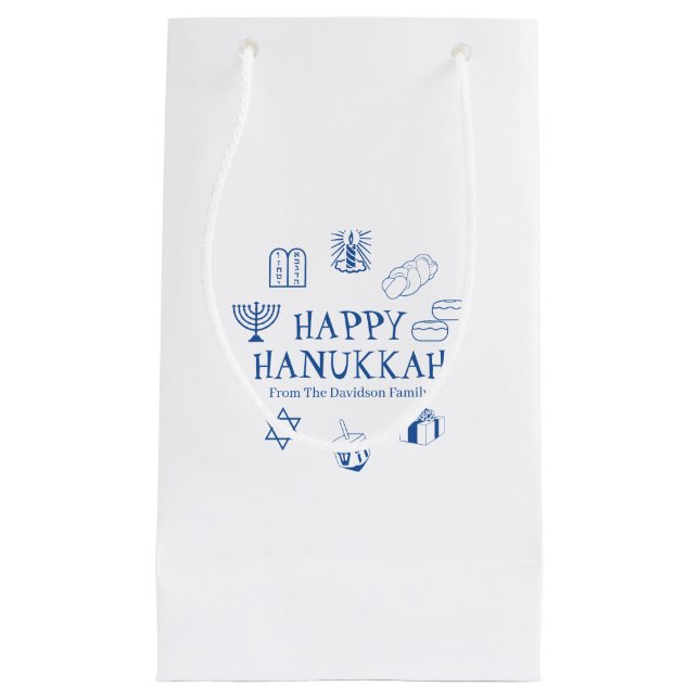 Happy Hanukkah blue white custom family name Small Gift Bag (Front)