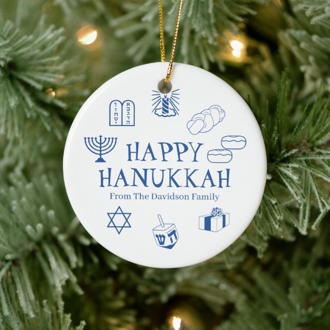 Happy Hanukkah blue white custom name favours Ceramic Tree Decoration (Tree)