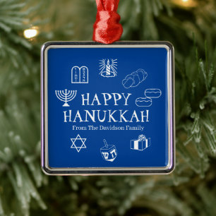 Happy Hanukkah blue & white custom name favours Metal Tree Decoration