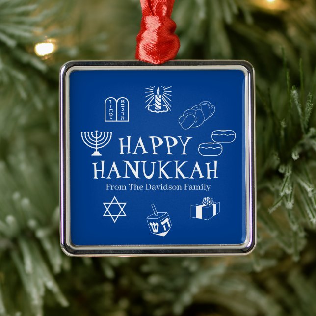 Happy Hanukkah blue & white custom name favours  Metal Tree Decoration (Tree)