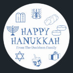 Happy Hanukkah blue white custom name gift favour  Classic Round Sticker<br><div class="desc">Happy Hanukkah,  customise family name gift favour stickers 
Happy Hanukkah,  Happy Chanukah,  Hanukkah Sameach!,  Chag Sameach!,  Chag Urim Sameach!
Blue and white</div>