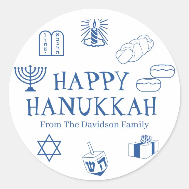 Happy Hanukkah blue white custom name gift favour  Classic Round Sticker (Front)