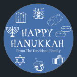 Happy Hanukkah blue white custom name gift favour Classic Round Sticker<br><div class="desc">Happy Hanukkah,  customise family name gift favour stickers 
Happy Hanukkah,  Happy Chanukah,  Hanukkah Sameach!,  Chag Sameach!,  Chag Urim Sameach!
Blue and white</div>