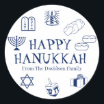 Happy Hanukkah blue white custom name gift favours Classic Round Sticker<br><div class="desc">Happy Hanukkah,  customise family name gift favour stickers 
Happy Hanukkah,  Happy Chanukah,  Hanukkah Sameach!,  Chag Sameach!,  Chag Urim Sameach!
Navy blue and white</div>