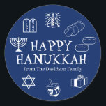 Happy Hanukkah blue white custom name gift favours Classic Round Sticker<br><div class="desc">Happy Hanukkah,  customise family name gift favour stickers 
Happy Hanukkah,  Happy Chanukah,  Hanukkah Sameach!,  Chag Sameach!,  Chag Urim Sameach!
Navy blue and white</div>