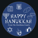Happy Hanukkah blue white custom name gift favours Classic Round Sticker<br><div class="desc">Happy Hanukkah,  customise family name gift favour stickers 
Happy Hanukkah,  Happy Chanukah,  Hanukkah Sameach!,  Chag Sameach!,  Chag Urim Sameach!
Navy blue and white</div>