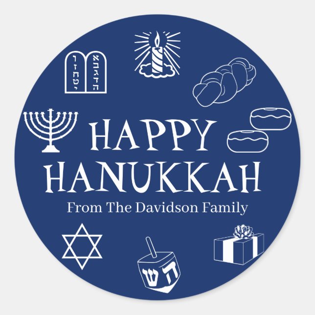 Happy Hanukkah blue white custom name gift favours Classic Round Sticker (Front)