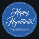 Happy Hanukkah blue white custom script text Classic Round Sticker<br><div class="desc">Happy Hanukkah custom script name text Elegant Hanukkah gift favour tag stickers.
Custom script text,  names and date surrounded by a border made of Stars of David,  Magen David.
Custom white text on blue background.</div>