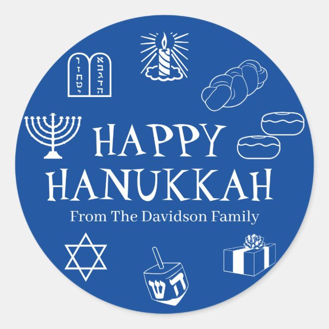 Happy Hanukkah blue white custom text cute modern Classic Round Sticker (Front)