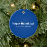Happy Hanukkah blue white minimalist personalised Ceramic Tree Decoration<br><div class="desc">Happy Hanukkah blue and white modern typography minimalist simple elegant personalised Hanukkah ornament.
Fully customisable white text,  on blue background.</div>