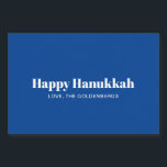 Happy Hanukkah blue white minimalist personalised Food Label<br><div class="desc">Happy Hanukkah blue and white typography simple modern Hanukkah personalised stickers and labels.
Fully customisable white text on blue solid plain background.</div>