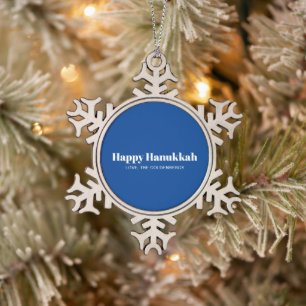 Happy Hanukkah blue white minimalist personalised Snowflake Pewter Christmas Ornament