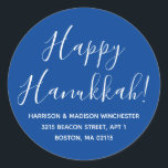 Happy Hanukkah blue white script return address Classic Round Sticker<br><div class="desc">Happy Hanukkah modern custom script calligraphy name and address personalised Hanukkah return address stickers.
Fully customisable white text,  blue background.
Elegant,  simple,  modern design.</div>