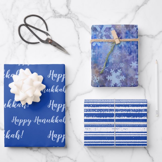 Happy Hanukkah Blue Winter Wrapping Paper Sheet (Front)
