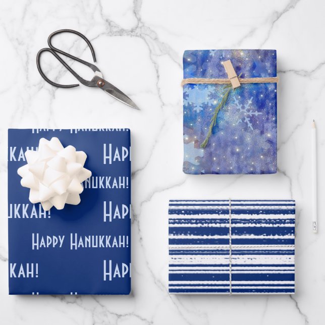 Happy Hanukkah Blue Winter Wrapping Paper Sheet (Front)