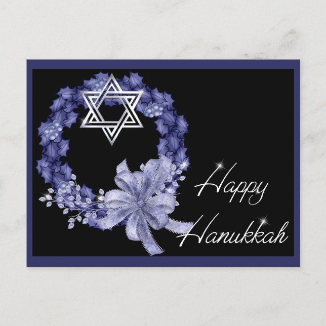 Happy Hanukkah Blue Wreath Holiday Postcards (Front)