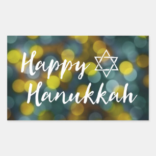 happy hanukkah bokeh lights rectangular sticker
