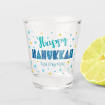 Happy Hanukkah Bold Funny Typography Star of David Shot Glass<br><div class="desc">“Happy Hanukkah.” Fun, whimsical turquoise, navy and teal blue handcrafted typography, a random light blue and faux gold foil Star of David pattern, and a funny saying help you usher in Hanukkah. Feel the warmth of the holiday season whenever you relax with your favourite spirits with this stylish and modern...</div>