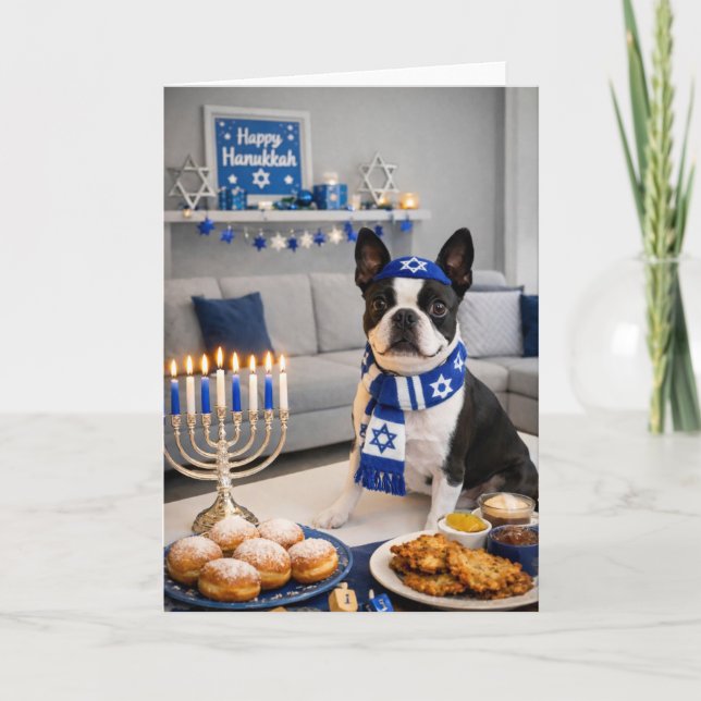 Happy Hanukkah Boston Terrier Card (Front)